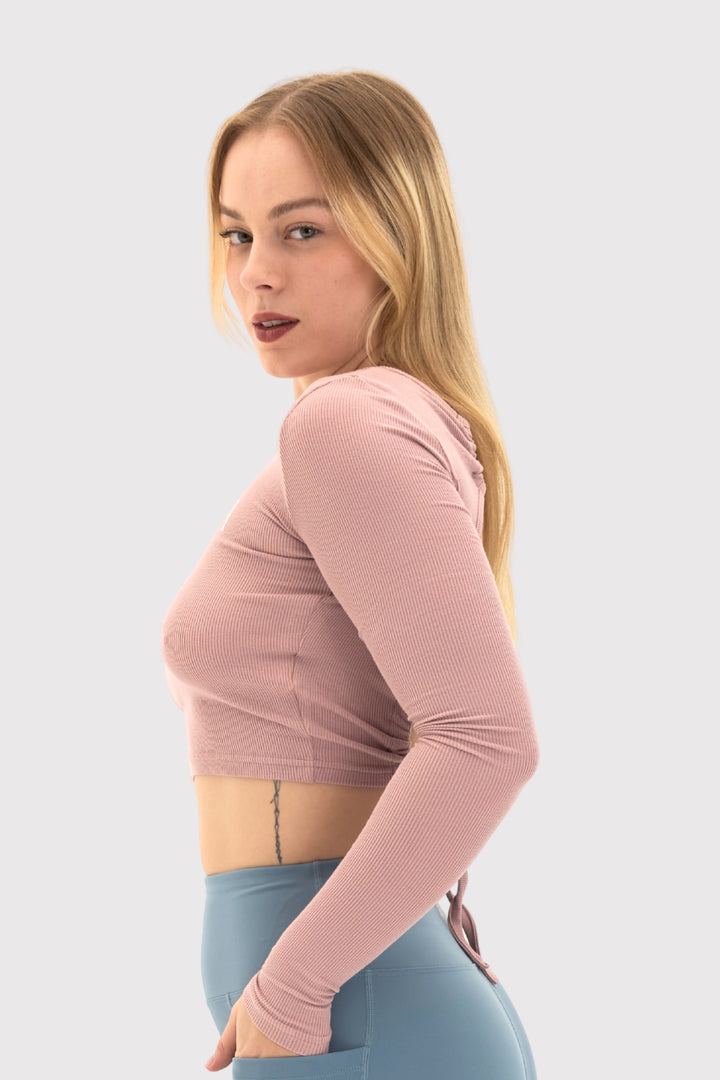 Bodyluxe™ Ribbed Criss-Cross Back Long Sleeve Cropped Top