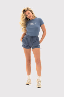 Stylish blue PeachLuxe cropped t-shirt with short sleeves and crew neck for women