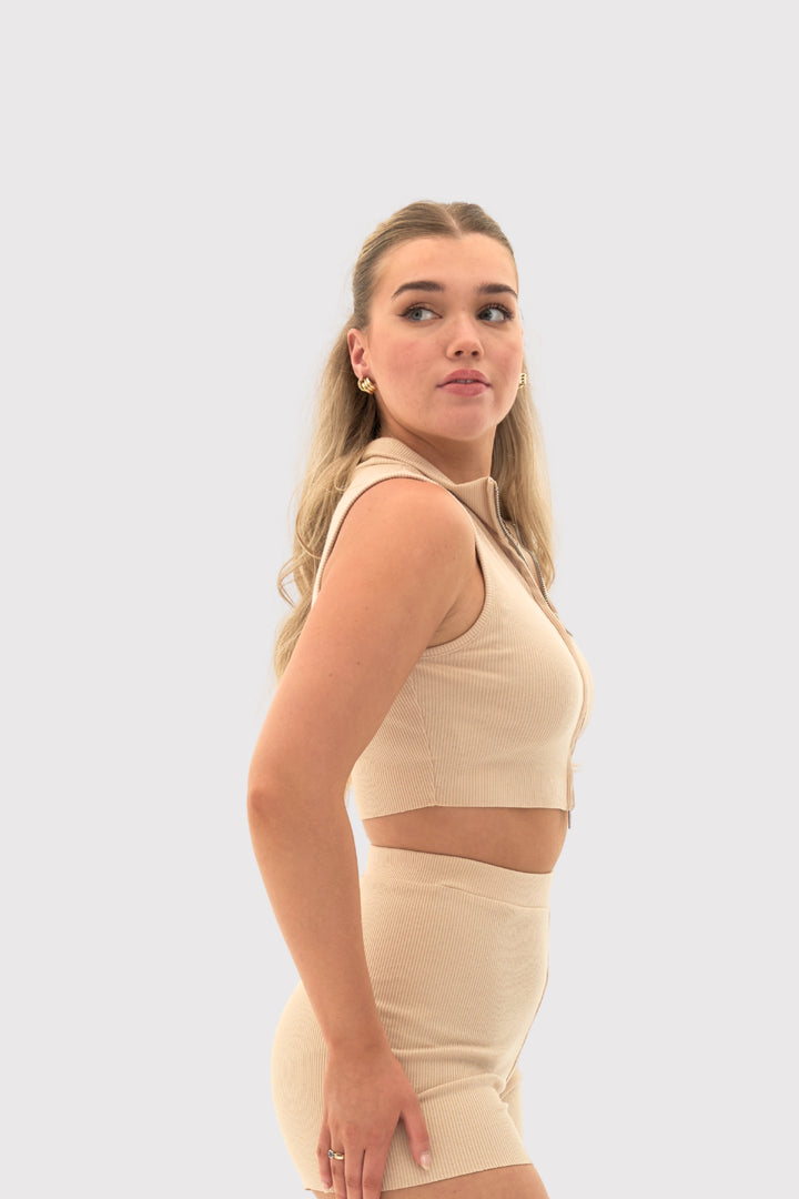 Velura™ Ribbed Double-Zip Sleeveless Cropped Tank Top